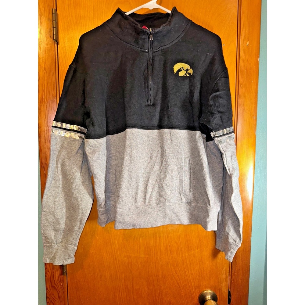 Iowa Hawkeyes‎ Womens Large 1/4 Zip Long Sleeve Black Sweatshirt Sparkle Bling